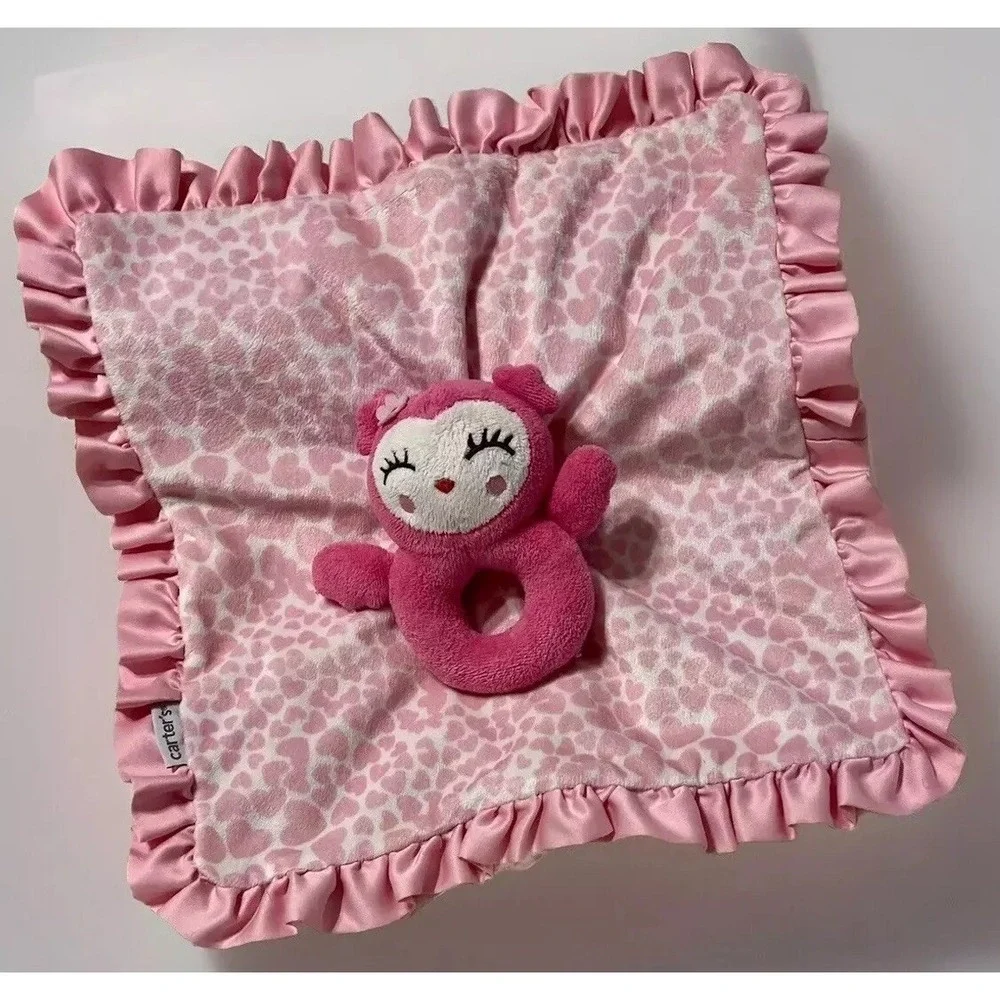 2016 Carters Pink Owl Lovey with Hearts Ruffle‎ Trim Security Blanket Plush